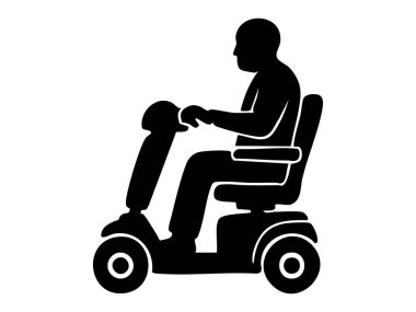 Mobilite scooter kullanan engelli birinin siyah silueti, beyaz arka planda izole edilmiş. Erişilebilirlik, bağımsızlık, engelli, ulaşım, taşınabilirlik yardımı, destek kavramı.