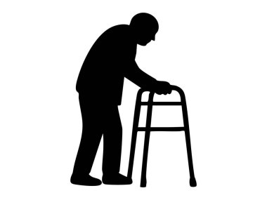 Beyaz arka planda izole edilmiş Walker kullanan kişi silueti. Taşınabilirlik yardımı, engelli bilinci, yaşlı bakımı, rehabilitasyon, destek aracı, bağımsız yaşam.