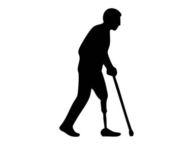 Bastonla yürüyen, beyaz arka planda izole edilmiş bacak protezli bir adam, grafik çizimi. Engelli konsepti, rehabilitasyon, taşınabilirlik yardımı, protez kol desteği, tıbbi iyileşme.