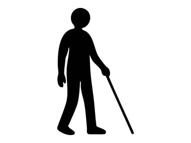 Beyaz arka planda izole edilmiş baston kullanan engelli birinin siyah silueti. Erişilebilirlik konsepti, engellilik farkındalığı, kapsama, hareketlilik, yardımcı aygıtlar.