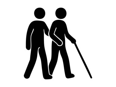 Beyaz arka planda izole edilmiş beyaz bastonlu kör bir adamın silueti. Görsel bozukluk kavramı, destek, erişilebilirlik, engellilik, hareketlilik yardımı.