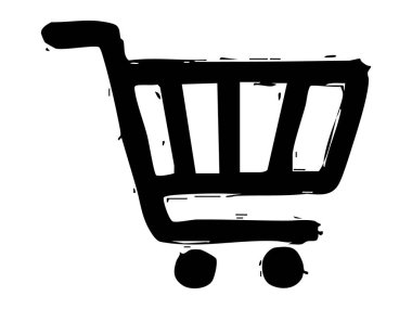 Beyaz arka planda siyah alışveriş arabası simgesi. Perakende satış, süpermarket, tüketim, e-ticaret, ticari sembol, tasarım unsuru, logo, çevrimiçi alışveriş, El çizimi tarzı.