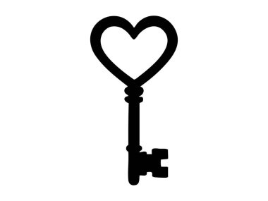 Beyaz arka planda izole edilmiş eski bir kalbin siyah silueti. Romantizm konsepti, aşk sembolü, antika, kilit, cazibe, gizem, düğün, sevgililer günü, tasarım unsuru.