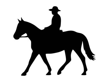 At süren birinin silueti, beyaz arka planda siyah bir siluet. Kovboy konsepti, ata binme, açık hava aktivitesi, binicilik, çiftlik hayatı, ikon.