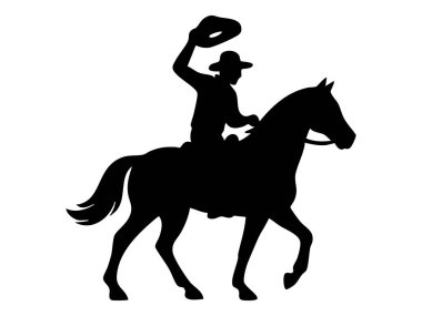 Beyaz arka planda izole edilmiş at sırtındaki siyah kovboy şapkası. Batı, rodeo, kovboy hayatı, macera, çiftlik, ikon, logo, tasarım elementi.