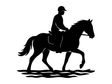 Beyaz arka planda izole edilmiş bir atın üstünde yürüyen siyah atlı silueti. Binicilik sporu, ata binme, siluet sanatı, logo, tasarım unsuru.
