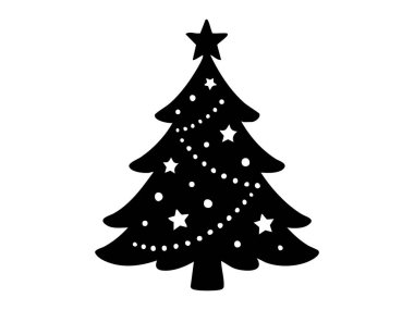 Beyaz arka planda izole edilmiş yıldız ve süslerle süslenmiş siyah noel ağacı silueti. Tatil dekorasyonu, festival sezonu, kış kutlaması, ikon, tasarım unsuru.