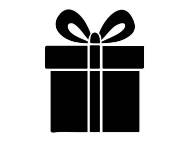 Beyaz arka planda izole edilmiş siyah bir hediye silueti. hediye, kutlama, sürpriz, tatil, ambalaj, simge, logo, tasarım unsuru.