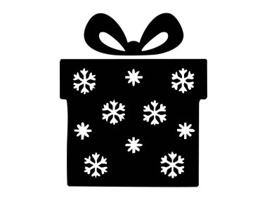 Beyaz arka planda izole edilmiş, kar taneleri ve yaylarla süslenmiş siyah Noel hediye kutusu silueti. Noel konsepti, bayram hediyesi, şenlikli dekor, kış, kutlama, tasarım unsuru.