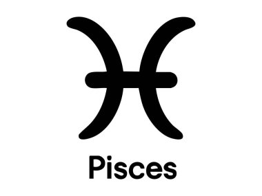 Balık burcunun siyah silueti beyaz arka planda izole edilmiş. Astroloji, burç, burç sembolleri, astroloji simgeleri, tasarım unsuru, mistik sanat, balık..