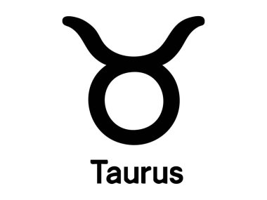 Taurus Zodyak sembolünün siyah silueti, etiketli, beyaz arkaplanda izole. Astroloji, burç sembolü, boğa, gök işareti, simge, logo, tasarım unsuru, boğa..