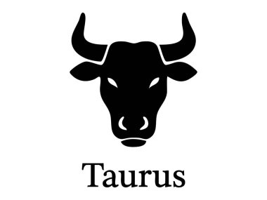 Boğa burcunun siyah silueti, beyaz arka planda izole edilmiş. Astroloji, yıldız falı, boğa sembolü, göksel sanat, mistik tasarım unsuru, simge, logo.