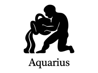 Kova burcunun siyah silueti beyaz arka planda izole edilmiş. Astroloji konsepti, gök sembolü, burç, yıldız işareti, astrolojik ikon, zodyak sanat öğesi..