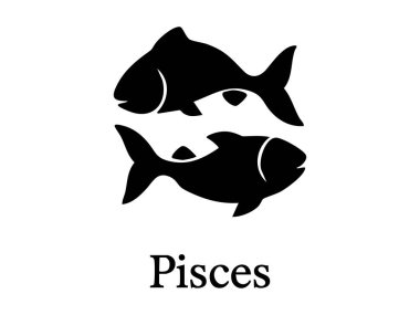 Balık burcunun siyah silueti beyaz arka planda izole edilmiş iki balığı gösteriyor. Astroloji, burç, yıldız işareti, göksel semboller, deniz tasarım elementi konsepti.