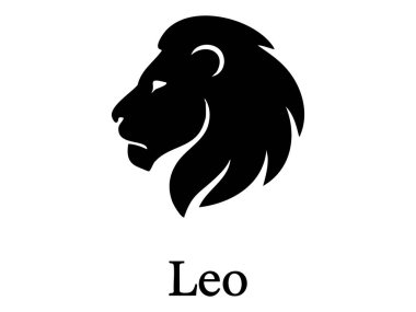 Aslan burcunun siyah silueti beyaz arka planda izole edilmiş. Astroloji, burç, yıldız işareti, gök, mistik, simge, grafik tasarım elementi konsepti.