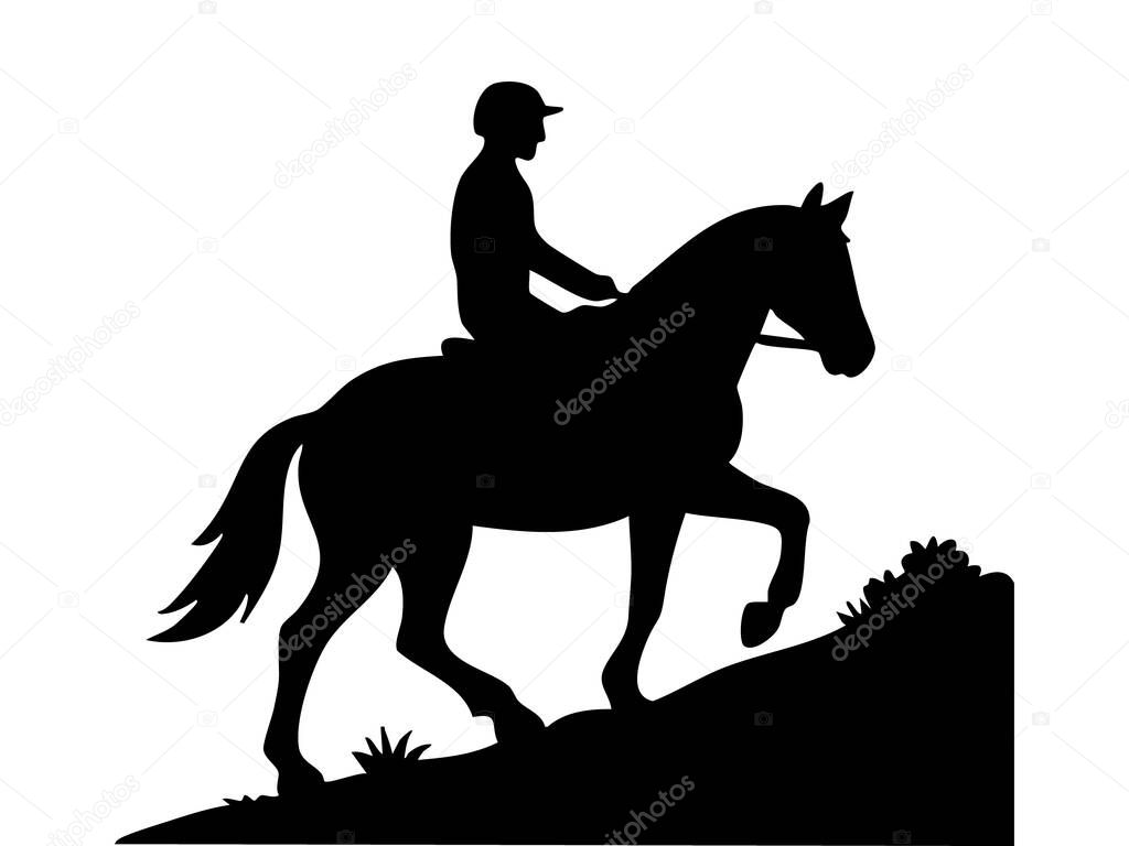 Silhouette of person riding horse on slope, isolated on white background. concept of equestrian sport, horseback riding, horse and rider, outdoor activity, icon, logo.