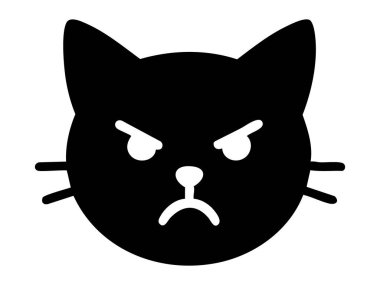 Kızgın ifadeli siyah kedi yüzü silueti, beyaz arka planda izole edilmiş. duygu konsepti, kedi, simge, logo, tasarım unsuru, evcil hayvan, hayvan, ruh hali illüstrasyonu.
