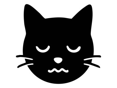 Beyaz arka planda izole edilmiş üzgün, hayal kırıklığına uğramış kedi yüzünün siyah silueti. Üzgün hayvan kavramı, tatminsiz kedi ifadesi, üzgün kedi, hayvan ikonu, çizgi film karakteri.