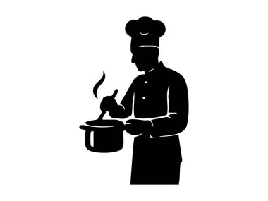 Beyaz arka planda izole edilmiş, tencereyle pişirilen şefin siyah silüeti. Aşçılık, aşçılık, profesyonel aşçılık, gastronomi, mutfak, yemek sanatı, tasarım unsuru.