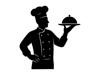 Beyaz arka planda izole edilmiş servis tabağı tutan bir şefin siyah silueti. Yemek pişirme, aşçılık, profesyonel aşçılık, restoran, mutfak, ikon, logo, tasarım unsuru.