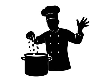 Şefin siyah silueti esrara malzeme ekliyor, beyaz arka planda izole edilmiş. Yemek pişirme, aşçılık sanatı, gastronomi, profesyonel aşçılık, mutfak, tasarım unsuru.