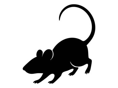 Beyaz arka planda izole edilmiş siyah fare silueti. Kemirgen, vahşi yaşam, küçük hayvan, sevimli hayvan, ikon, logo, tasarım elementi.