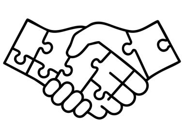 Beyaz arka planda izole edilmiş yapboz parçalarından oluşan siyah el sıkışma çizgisi. Takım çalışması, işbirliği, ortaklık, anlaşma, simge, logo, birlik.