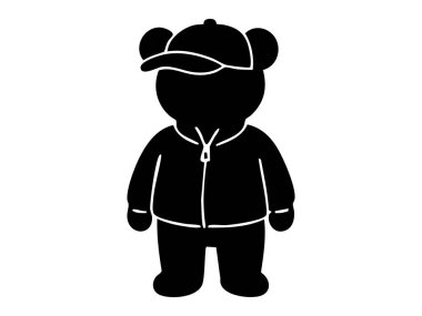 Siyah kapüşonlu ve şapkalı ayı silueti, beyaz arka planda izole edilmiş, illüstrasyon. Doldurulmuş hayvan konsepti, sevimli oyuncak, moda, simge, tasarım ögesi.