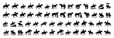 Beyaz arka planda izole edilmiş çeşitli binicilerin siyah silueti. Binicilik, ata binme, at binme, jokey, hayvan, siyah, yarışma, spor.