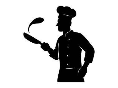 Şefin tavaya yemek attığı siyah siluet beyaz arka planda izole edilmiş. Yemek pişirme, aşçılık, profesyonel aşçılık, mutfak, mutfak, restoran, ikon, logo.