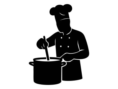 Üniformalı bir şefin siyah silueti tencereyi karıştırıyor, beyaz arka planda izole edilmiş. Yemek pişirme, profesyonel aşçılık, aşçılık sanatı, mutfak, restoran, ikon, logo, tasarım elementi.