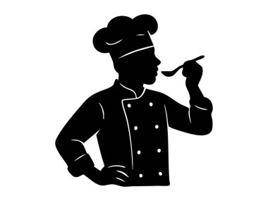Şefin siyah silueti kaşıkla yemek tadıyor, beyaz arka planda izole edilmiş. Aşçılık, aşçılık, aşçılık, restoran, mutfak, ikon, logo, tasarım unsuru.