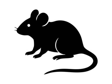 Beyaz arka planda izole edilmiş siyah fare silueti. Kemirgen, hayvan simgesi, logo, minimalist tasarım unsuru, vahşi yaşam sembolü, sanat eseri, evcil hayvan, illüstrasyon.