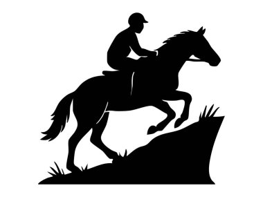 Beyaz arka planda izole edilmiş siyah atlı silueti bir tepeye tırmanıyor. At biniciliği, binicilik sporu, macera, ikon, logo, tasarım unsuru.