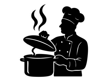 Siyah aşçı silueti, beyaz arka planda izole edilmiş, dumanı tüten tencereyle pişiriliyor. Aşçılık, aşçılık, mutfak, profesyonel aşçılık, gastronomi, ikon, logo, tasarım unsuru.