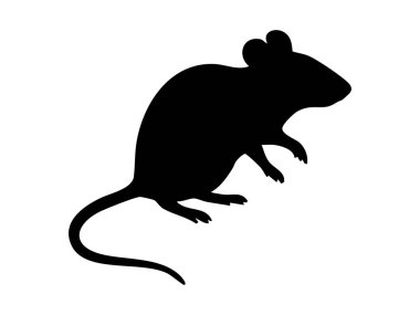 Profil görünümlü siyah fare silueti, sağa bakıyor, beyaz arkaplanda izole edilmiş. Kemirgen, küçük hayvan, vahşi yaşam, ikon, logo, tasarım unsuru, doğa.