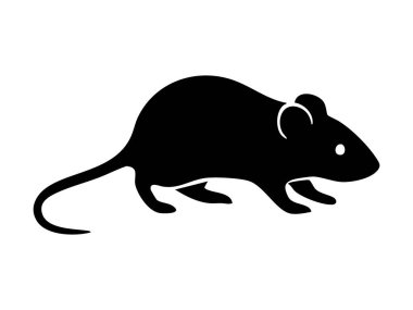 Beyaz arka planda izole edilmiş siyah fare silueti. Kemirgen, küçük hayvan, haşere kontrolü, doğa, vahşi yaşam, grafik sanatı, ikon, logo, tasarım elementi.