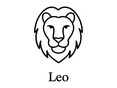 Aslan başlı aslanın beyaz arka planda izole edilmiş siyah burç çizgisi. Astroloji, burç sembolleri, burç işaretleri, gök simgeleri, grafik tasarım ögesi konsepti.