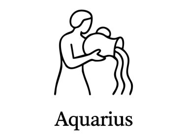 Akvaryum burcunun siyah çizgisi beyaz arka planda izole edilmiş insan sularını gösteriyor. Astroloji, yıldız falı, akvaryum, ikon, logo, tasarım elementi kavramı.