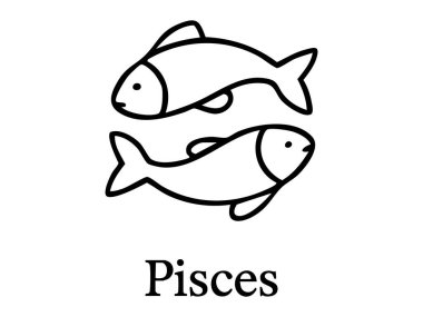 Beyaz arka planda izole edilmiş iki balığın siyah çizgili burç çizimi. Astroloji, burç, yıldız işareti, simge, sembol, tasarım elementi kavramı.