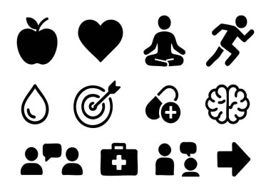Elma, kalp, meditasyon, koşu, düşüş, hedef, kapsüller, beyin ve iletişim gibi sağlıkla ilgili simgeler beyaz arka planda izole edilmiştir..