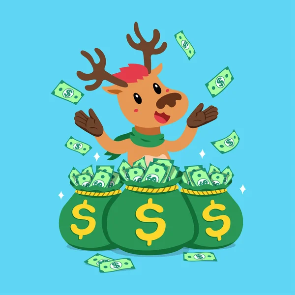 Vector Dibujos Animados Feliz Navidad Renos Con Bolsas Dinero Para — Vector de stock