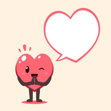 Vector cartoon cute heart character with speech bubble for design.