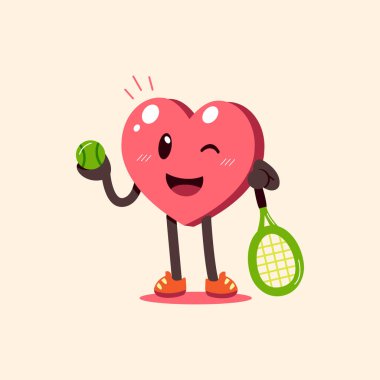 Cartoon heart character with tennis racket and ball for design.