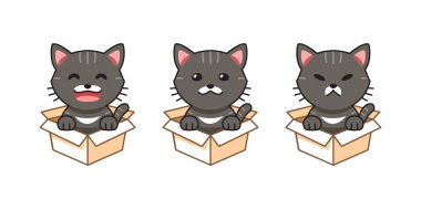 Vector cartoon illustration set of gray tabby cat showing different emotions in cardboard boxes for design.