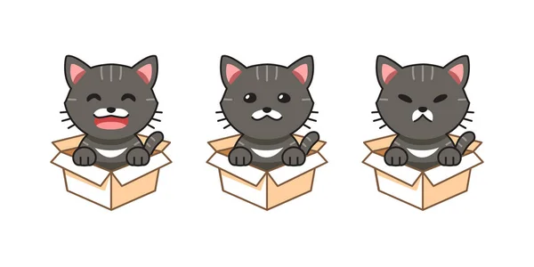 Vector Cartoon Illustration Set Gray Tabby Cat Showing Different Emotions — 图库矢量图片