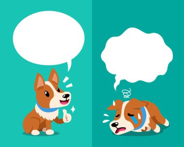 Vektör çizgi film karakteri Corgi Dog tasarım için konuşma baloncuklarıyla farklı duyguları ifade ediyor.