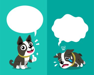 Vektör karikatür karakter sevimli boston terrier köpek tasarımı için konuşma balonları ile farklı duygular ifade.