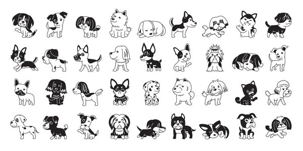 Different Type Vector Cartoon Black White Color Dogs Design — Stock Vector