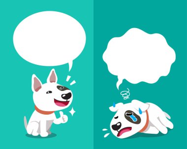 Vektör karikatür karakter boğa korkunç köpek tasarımı için konuşma balonları ile farklı duygular ifade.